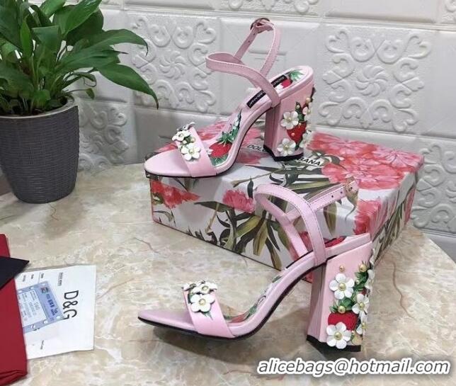 Purchase Dolce & Gabbana High Heel Sandals 10.5cm in Printed Calfskin with Bloom Charm Light Pink 401017