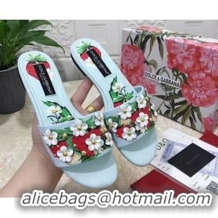 Top Grade Dolce & Gabbana Flat Slide Sandals in Printed Calfskin with Bloom Charm Light Blue 401023