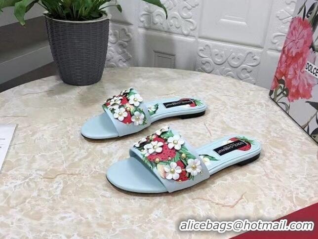 Top Grade Dolce & Gabbana Flat Slide Sandals in Printed Calfskin with Bloom Charm Light Blue 401023
