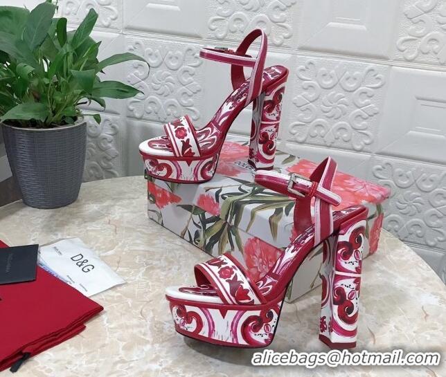 Lowest Price Dolce & Gabbana DG Printed Polished Calfskin Platform Sandals 15cm Fuchsia Pink 703109
