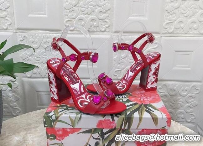 Stylish Dolce & Gabbana Calfskin Sandals 10.5cm with embroidery and painted heel Red 703112