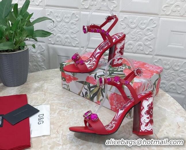 Stylish Dolce & Gabbana Calfskin Sandals 10.5cm with embroidery and painted heel Red 703112