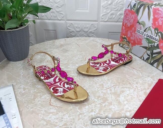 Top Grade Dolce & Gabbana Patent Leather Flat Thong Sandals 1with embroidery Gold 0703117