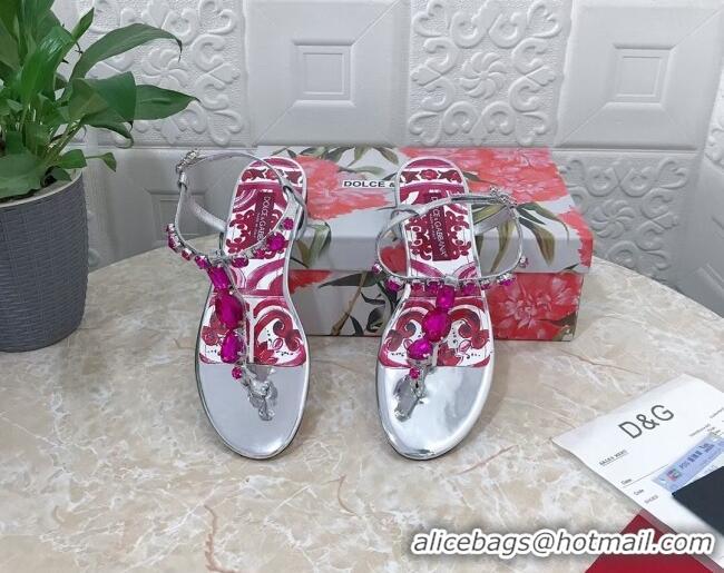 Luxury Discount Dolce & Gabbana Patent Leather Flat Thong Sandals 1with embroidery Silver 703118