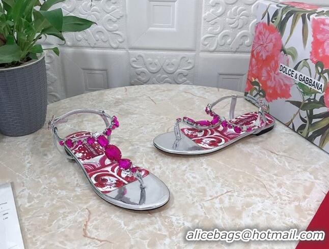 Luxury Discount Dolce & Gabbana Patent Leather Flat Thong Sandals 1with embroidery Silver 703118