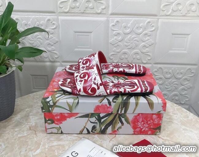 Luxury Dolce & Gabbana DG Printed Calfskin Flat Slide Sandals Fuchsia Red 703119
