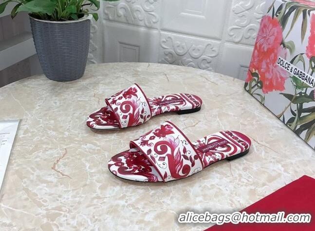 Luxury Dolce & Gabbana DG Printed Calfskin Flat Slide Sandals Fuchsia Red 703119