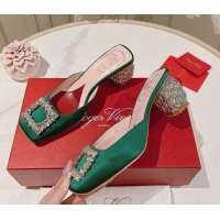 Pretty Style Roger Vivier Heel Mules 5cm with Crystals Buckle in Satin 625121 Green