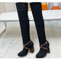 Cheap Price Louis Vuitton Silhouette Knit Heel High Boots 10cm with Buckle Strap Black LV08142 814096