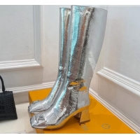 Stylish Louis Vuitton Shake Heel High Boots 5.5cm in Snakeskin-Like Leather Silver 821037