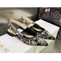 Pretty Style Dior J'Adior Slingback Ballerina Flat in Black and White Cotton Embroidered with Plan de Paris Motif 605033