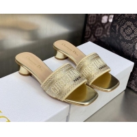 Stylish Dior Dway Heeled Slide Sandals 3.5cm in Gold-Tone Cotton Embroidered with Metallic Thread and Crystal 606014