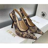 Pretty Style Dior J'Adior Slingback Pumps 9.5cm in Beige and Black Embroidered Cotton with Toile de Jouy Voyage Motif 60