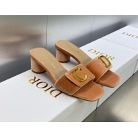 Fashion Dior C'est Dior Heeled Slide Sandals 4.5cm in Apricot Velvet with CD Letters 606074