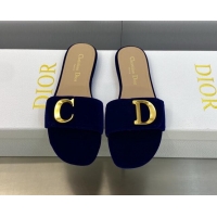 Good Quality Dior C'est Dior Flat Slide Sandals in Cobalt Blue Velvet with CD Letters 606077