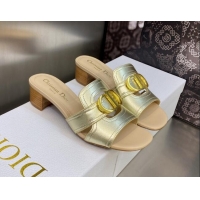 Shop Duplicate Dior 30 Montaigne Heeled Slide Sandals 4.5cm in Gold Yellow Metallic Calfskin 606090