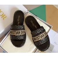 Low Price Dior Dway Platform Slides Sandals in Raffia and Embroidered Cotton Black/Beige 620016