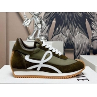 Expensive Loewe Flow Runner Sneakers in Suede and Nylon Dark Green/White 506077