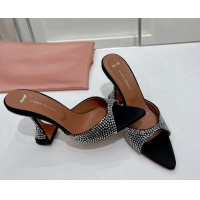 Luxury Amina Muaddi Caroline Crystal Heeled Slide Sandals in Satin 9.5cm Black 020603