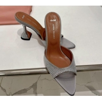 Top Grade Amina Muaddi Caroline Crystal Heeled Slide Sandals in Satin 9.5cm Light Grey 020606