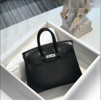 Top Quality Hermes Birkin Box Bag 25cm in Box Calf Leather HB25 Black/Silver (Half-handmade)