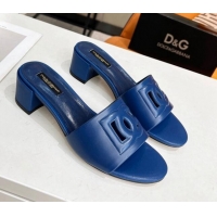 Feminine Dolce&Gabbana Cutout DG Calfskin Heel Slide Sandals 5cm Blue 122702