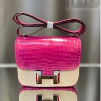 Inexpensive Hermes Constance 18cm Bag in Original Shiny Nile Crocodile Leather H4064 Fuchsia (Pure Handmade)