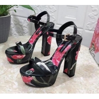 Pretty Style Dolce & Gabbana DG Printed Calfskin High Heel Platform Sandals 15cm Black 325051