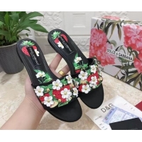 Most Popular Dolce & Gabbana Flat Slide Sandals in Printed Calfskin with Bloom Charm Black 401020