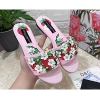 Trendy Design Dolce & Gabbana Flat Slide Sandals in Printed Calfskin with Bloom Charm Light Pink 401022