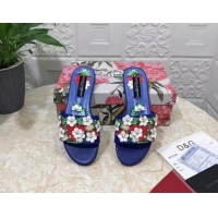 Popular Style Dolce & Gabbana Flat Slide Sandals in Printed Calfskin with Bloom Charm Blue 401024