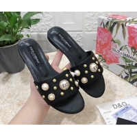 Shop Duplicate Dolce & Gabbana DG Lambskin Flat Slide Sandals with Pearls Black 605009