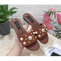 Top Design Dolce & Gabbana DG Lambskin Flat Slide Sandals with Pearls Brown 605011