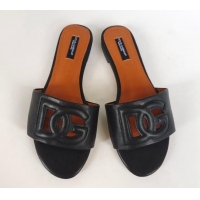 Cheap Price Dolce & Gabbana DG Cutout Calfskin Flat Slide Sandals Black 071061
