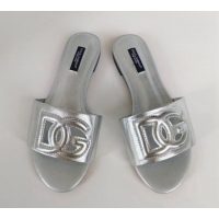 Durable Dolce & Gabbana DG Cutout Calfskin Flat Slide Sandals Silver 071065