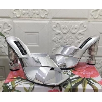 Pretty Style Dolce & Gabbana Polished calfskin slide sandals 10.5cm with crystals and cross strap silver 0902040