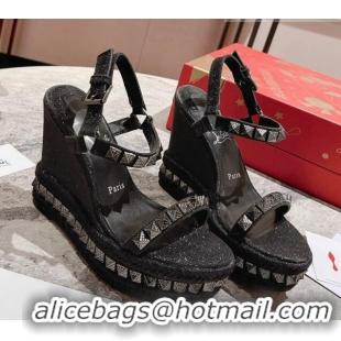 Top Grade Christian Louboutin Pyraclou Espadrilles Wedge Sandals 12cm Black 420041