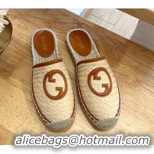 Good Quality Gucci Interlocking G Espadrille Flat Mules in Raffia Straw Beige/Brown 711039 