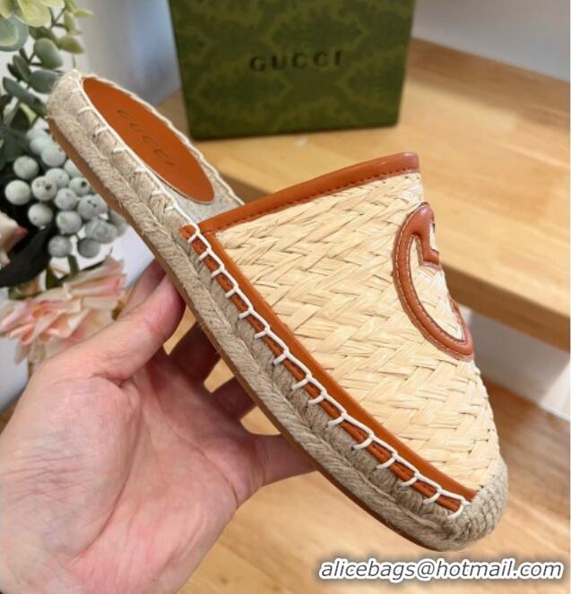 Good Quality Gucci Interlocking G Espadrille Flat Mules in Raffia Straw Beige/Brown 711039 