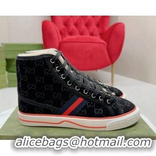 Grade Quality Gucci Tennis 1977 High-top Sneakers in GG Canvas and Teddy Fur GG08311 Black
