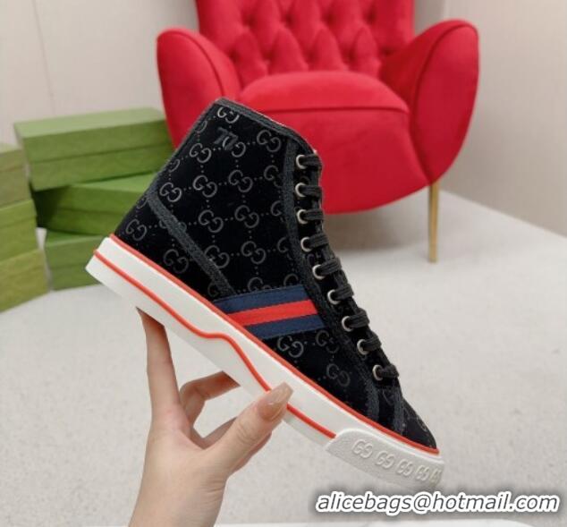 Grade Quality Gucci Tennis 1977 High-top Sneakers in GG Canvas and Teddy Fur GG08311 Black