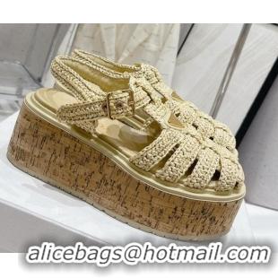 Charming Prada Crochet Wedge Platform Sandals Beige 801092