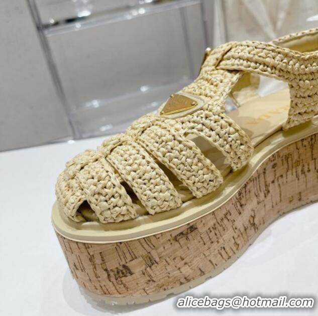 Charming Prada Crochet Wedge Platform Sandals Beige 801092