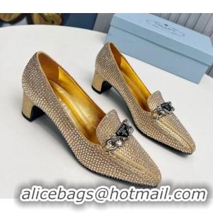 Pretty Style Prada Crystal Allover Pumps 4.5cm with Chain Logo Gold 915079