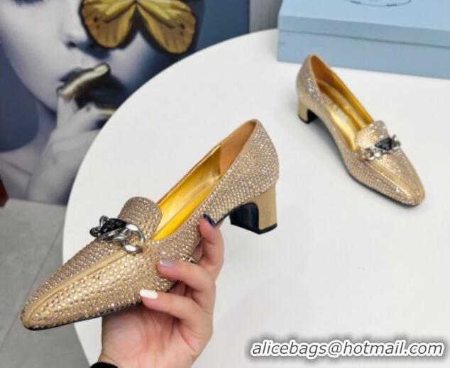 Pretty Style Prada Crystal Allover Pumps 4.5cm with Chain Logo Gold 915079