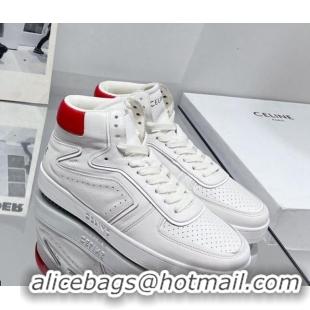 Perfect Celine CT-01 "Z" Trainer High Top Sneakers in Calfskin White/Red Trim 916013