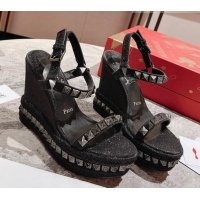 Top Grade Christian Louboutin Pyraclou Espadrilles Wedge Sandals 12cm Black 420041