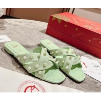 Sumptuous Christian Louboutin Miss Spika Club Flat Slide Sandals in Nappa Leather and Spikes Studio Green 425094
