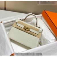 Super Quality Hermes Mini Kelly Bag 19cm in Crocodile Embossed Leather 0523 Cream White 2023