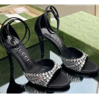 Unique Style Gucci Heel Sandals with Crystals in Satin 7.5cm Black 711070
